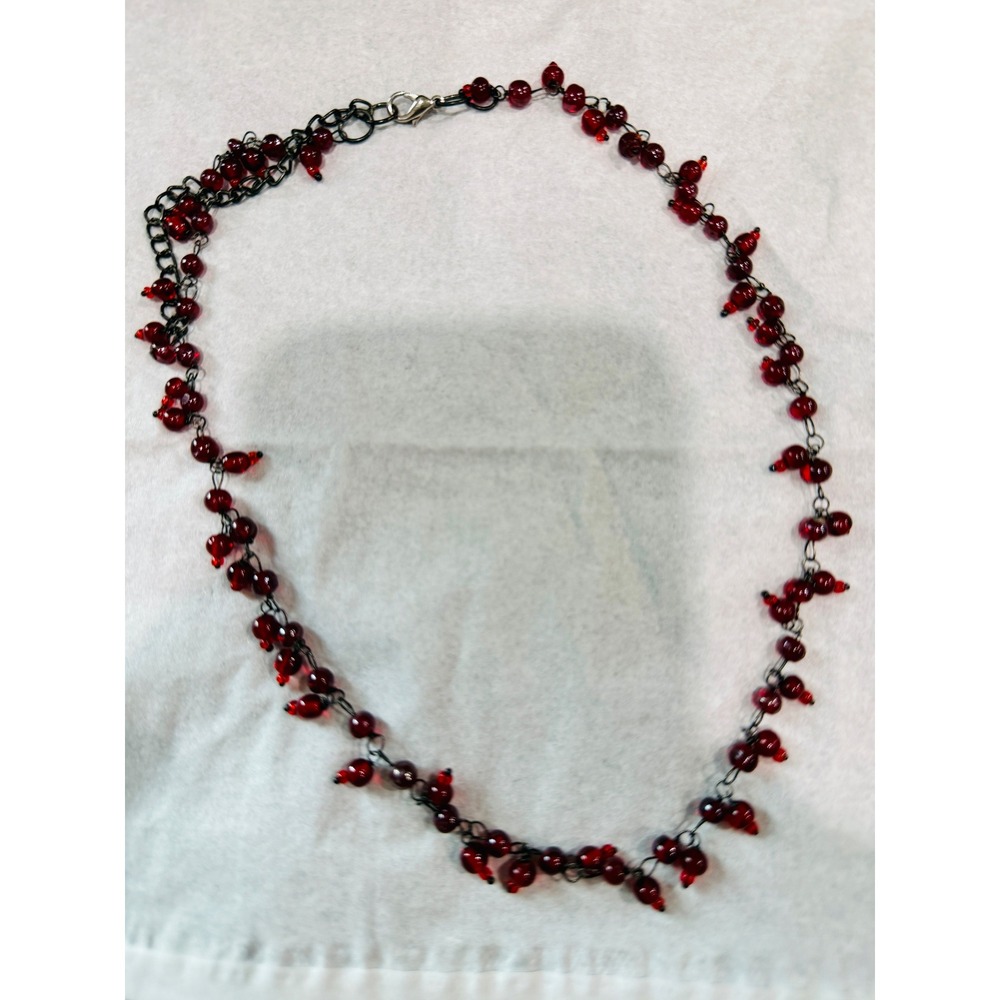Vintage Chunky Pomegranate Red Molded Art Glass 16" Dangle Charm Bead Necklace